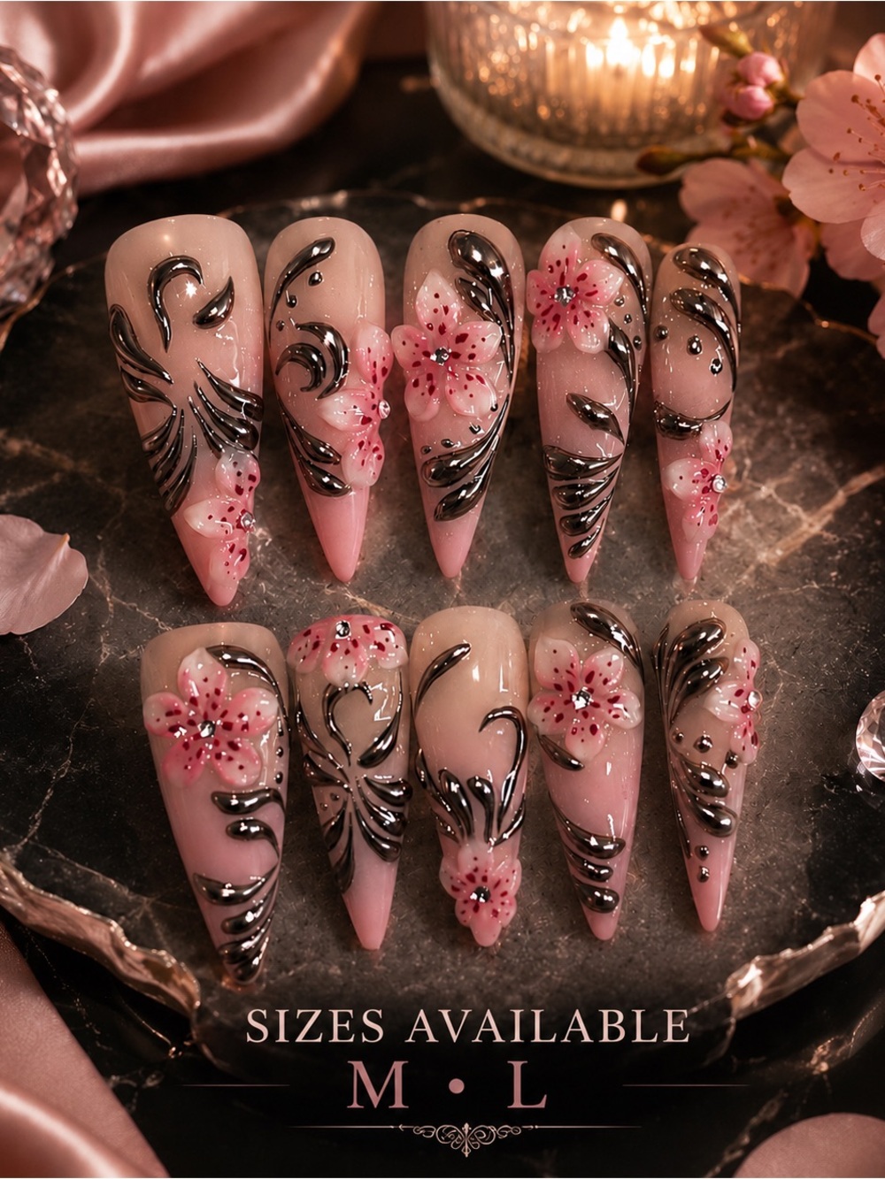 Pink Floral Stiletto Press-On Nails with Black Metallic Accents